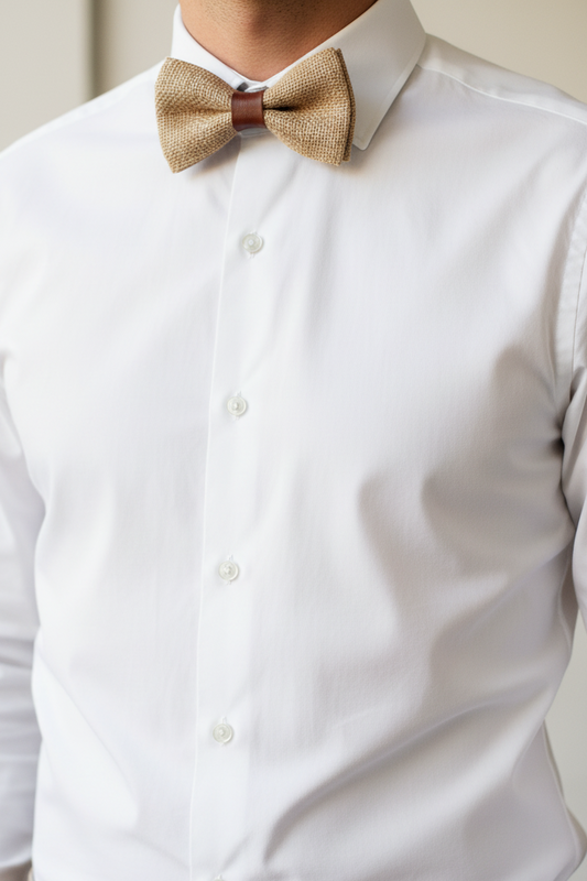 A close-up of a man's torso wearing a white long-sleeve dress shirt, a textured hessian tan bow tie innSouth Africa