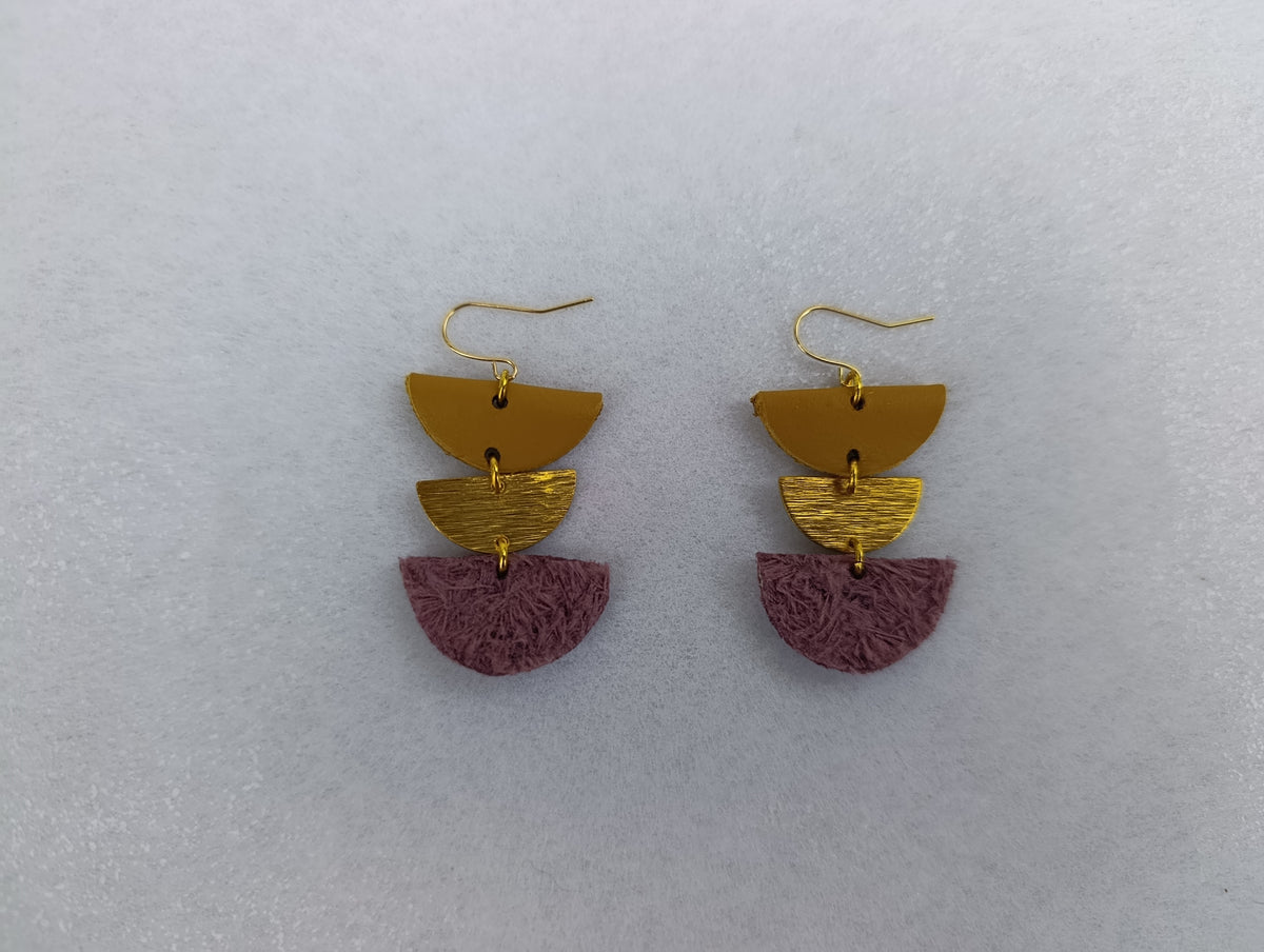 Butter Leather x Purple Cotton 3 Tier Earrings