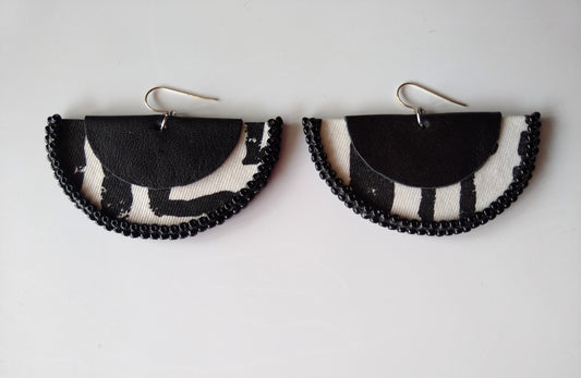 Zebra x Leather Beaded Halfmoon Earrings