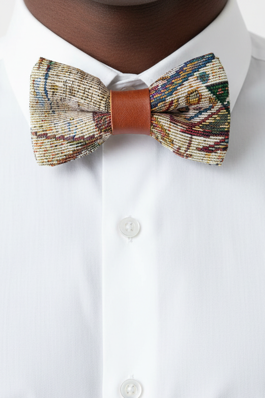 Decorative bow tie with a floral pattern on a white background. Leather 