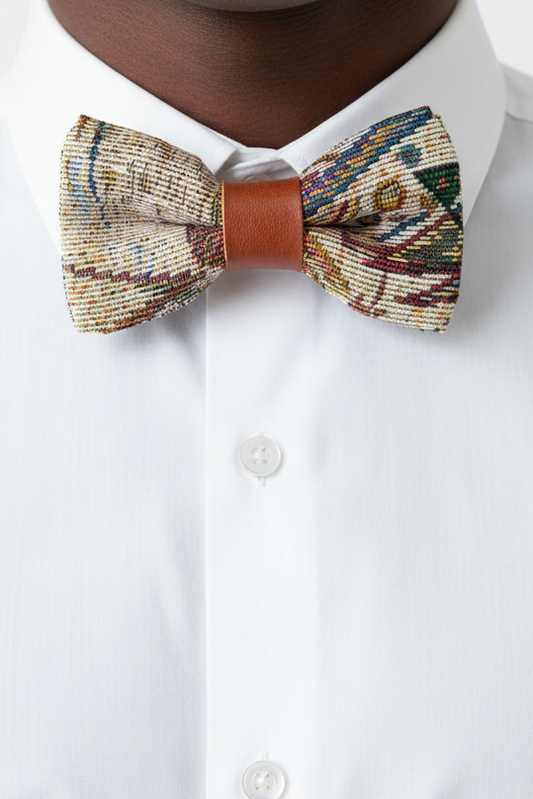 Decorative bow tie with a floral pattern on a white background. Leather 