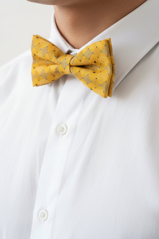 A yellow bow tie with a geometric pattern of black and blue dots and crosses, tied around a gray laptop keyboard.