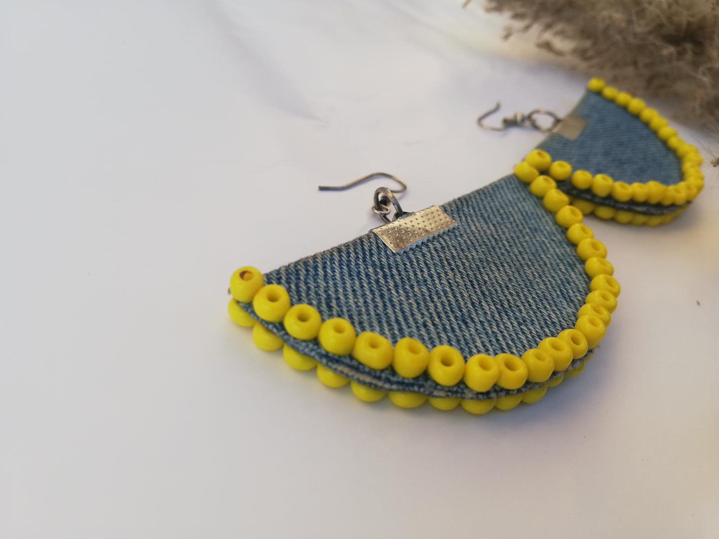 Handcrafted Denim halfmoon Earrings lined with yellow beads