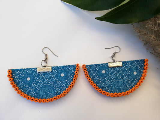Handcrafted Blue Shweshwe Orange Beaded Earrings