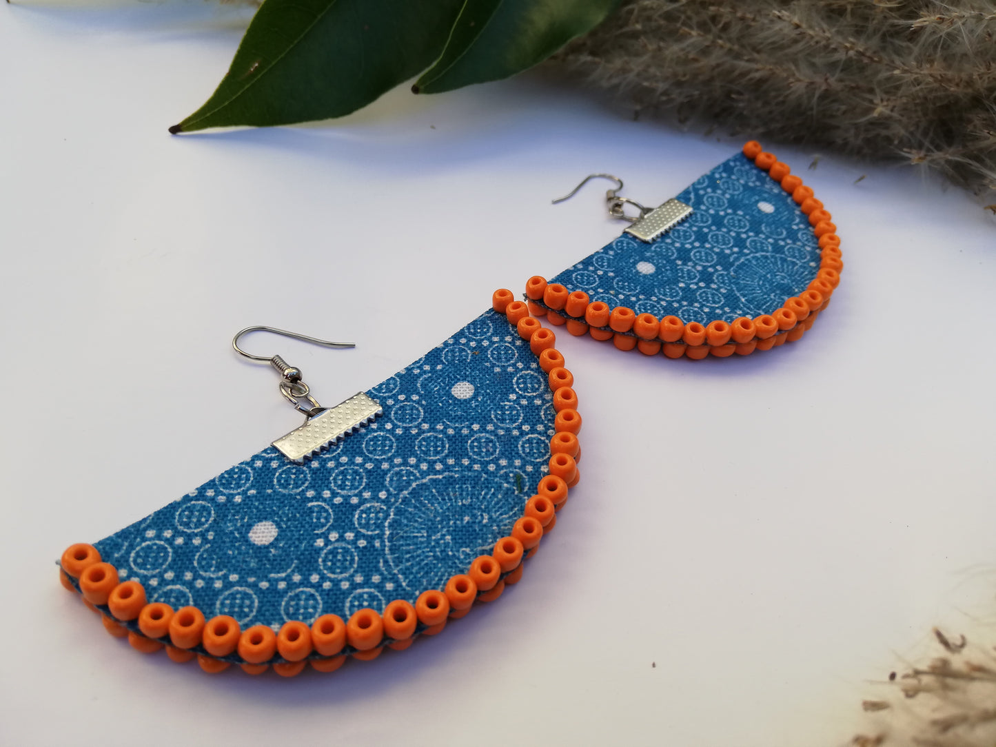 Handcrafted Blue Shweshwe Orange Beaded Earrings