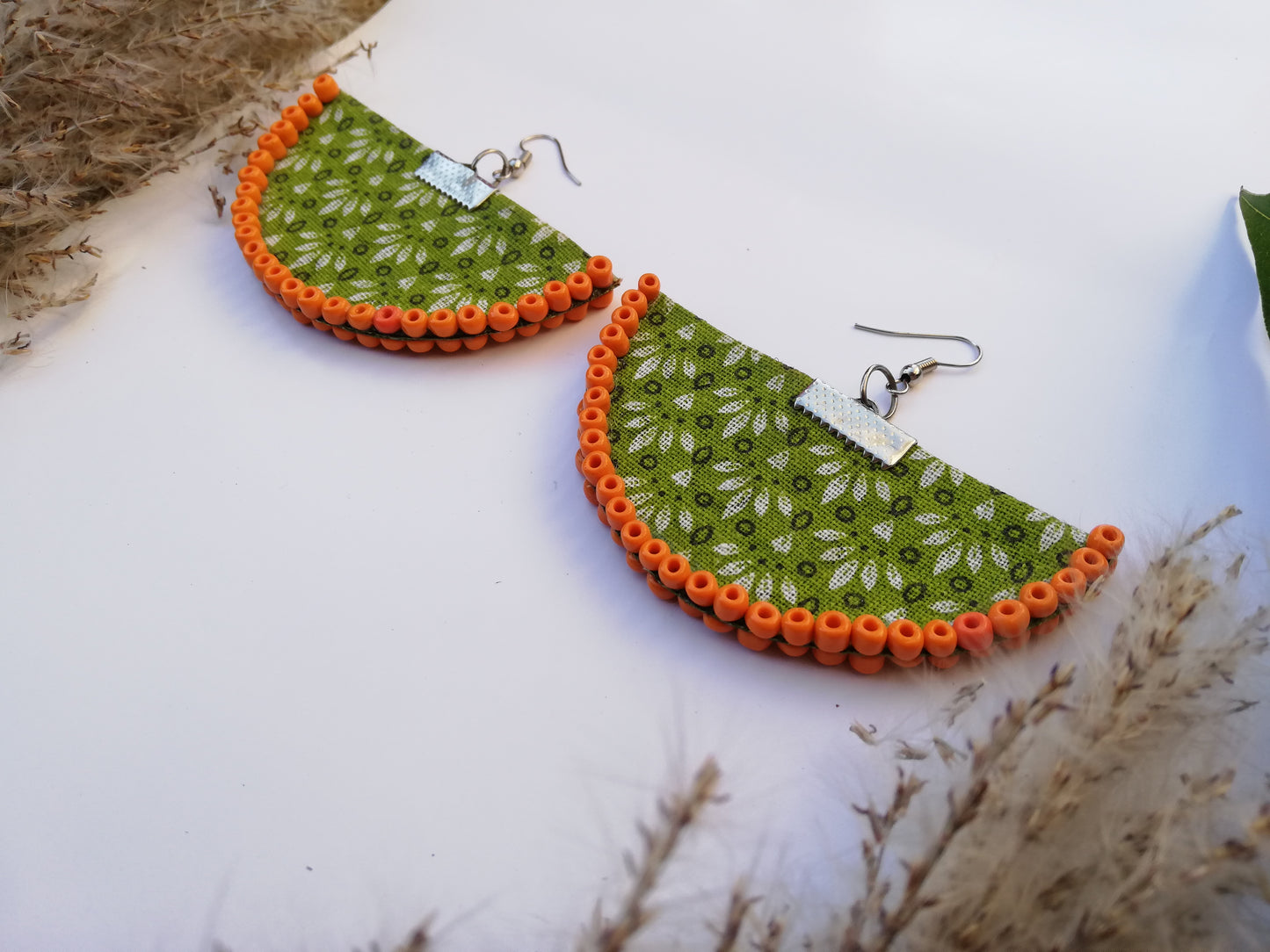 Handcrafted Green Floral halfmoon Earrings