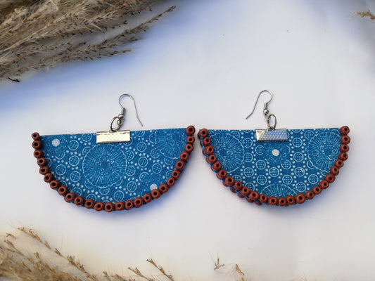 Handcrafted Blue Dot Shweshwe X Brown Beads Half-moon Earrings