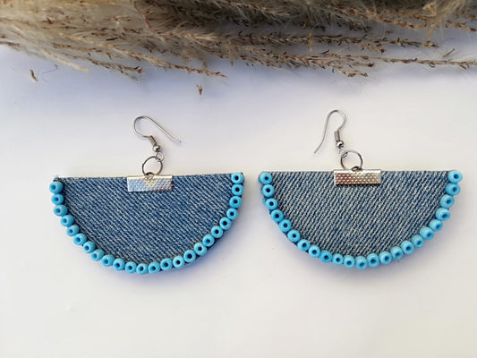 Handcrafted Denim halfmoon Earrings lined with blue beads