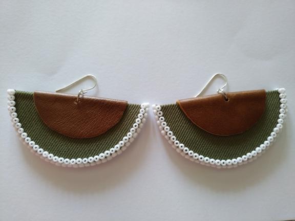 Handcrafted Olive Leather Bead Halfmoon Earrings