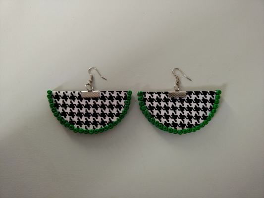 Handcrafted Houndstooth X Green Bead Halfmoon Earrings